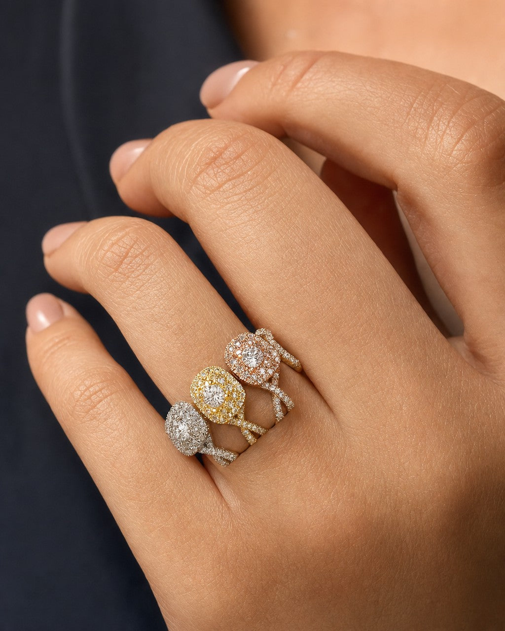 Female model wearing 14K Square Large Center Stone Spiral Diamond Engagement Ring