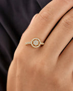 Female model wearing 14K Halo Circle Flower Diamond Ring