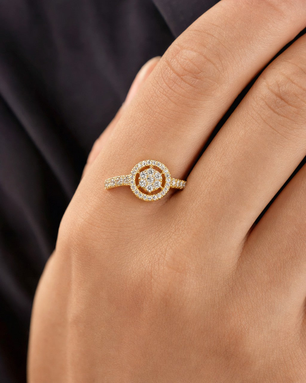 Female model wearing 14K Halo Circle Flower Diamond Ring