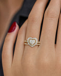 Female model wearing 14K Halo Heart Stack Diamond Ring