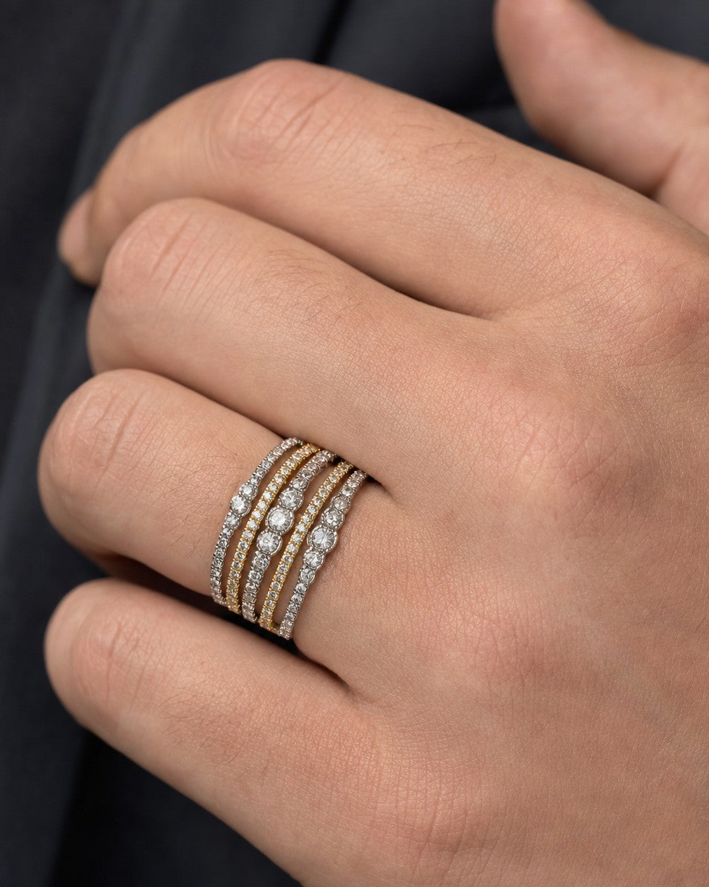 Male model wearing 14K Two-Tone Stacked Diamond Ring