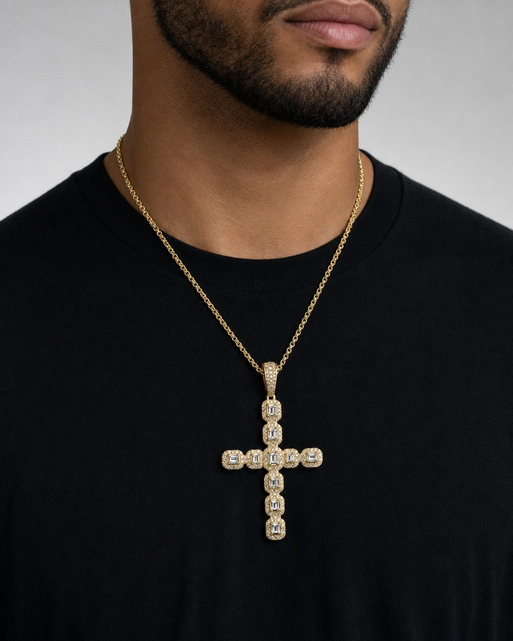 Male model wearing 14K Diamond Cross Pendant