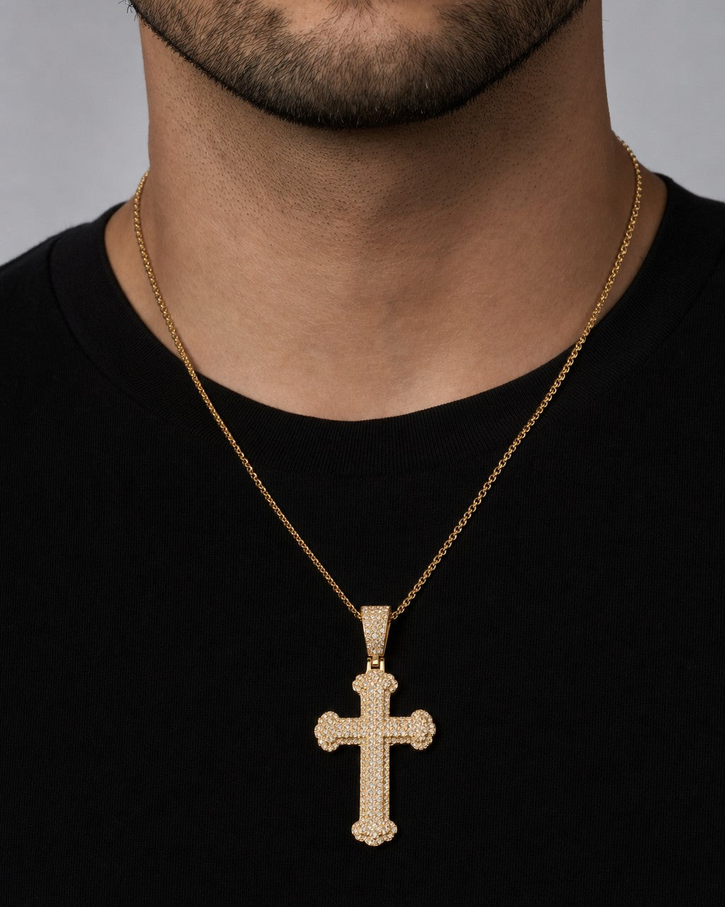 Male model wearing 14K Round Cut Cross Diamond Pendant