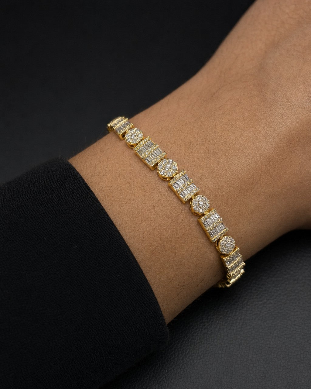Male model wearing 10K Diamond Rectangle Circle Bracelet