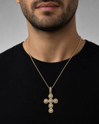 Male model wearing 14K Cross Circle Diamond Baguette Pendant