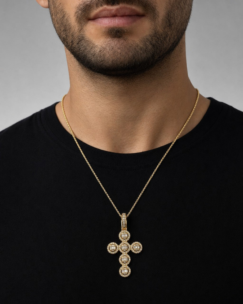 Male model wearing 14K Cross Circle Diamond Baguette Pendant