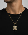 Male model wearing 14K Rose Diamond Baguette Pendant