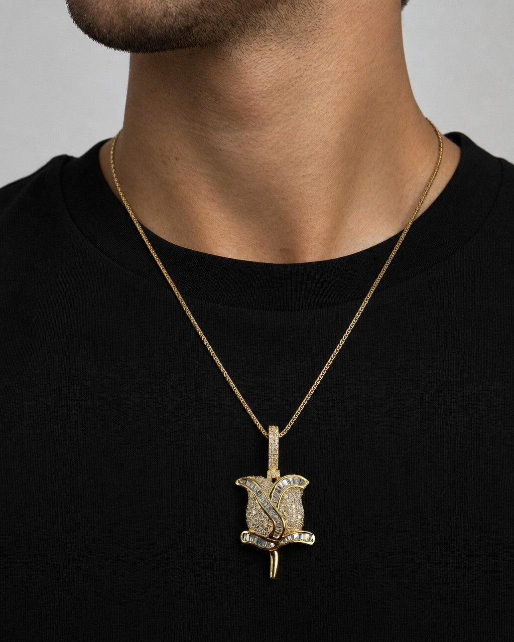 Male model wearing 14K Rose Diamond Baguette Pendant
