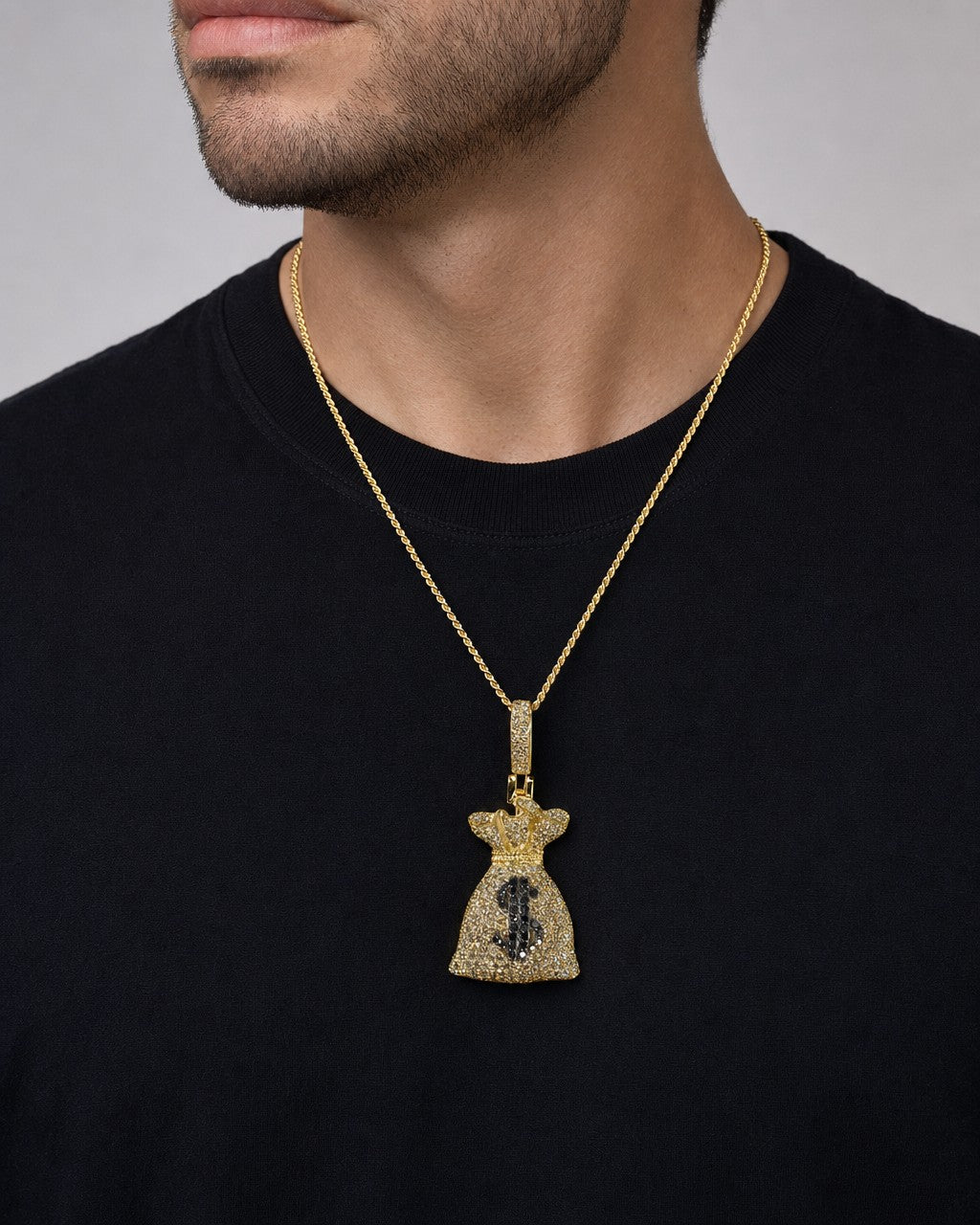 Male model wearing 10K Money Bag Diamond Pendant