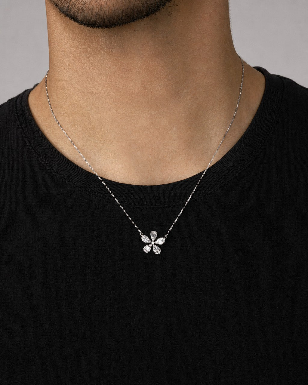 Male model wearing 14K Daisy Flower Diamond Baguette Necklace