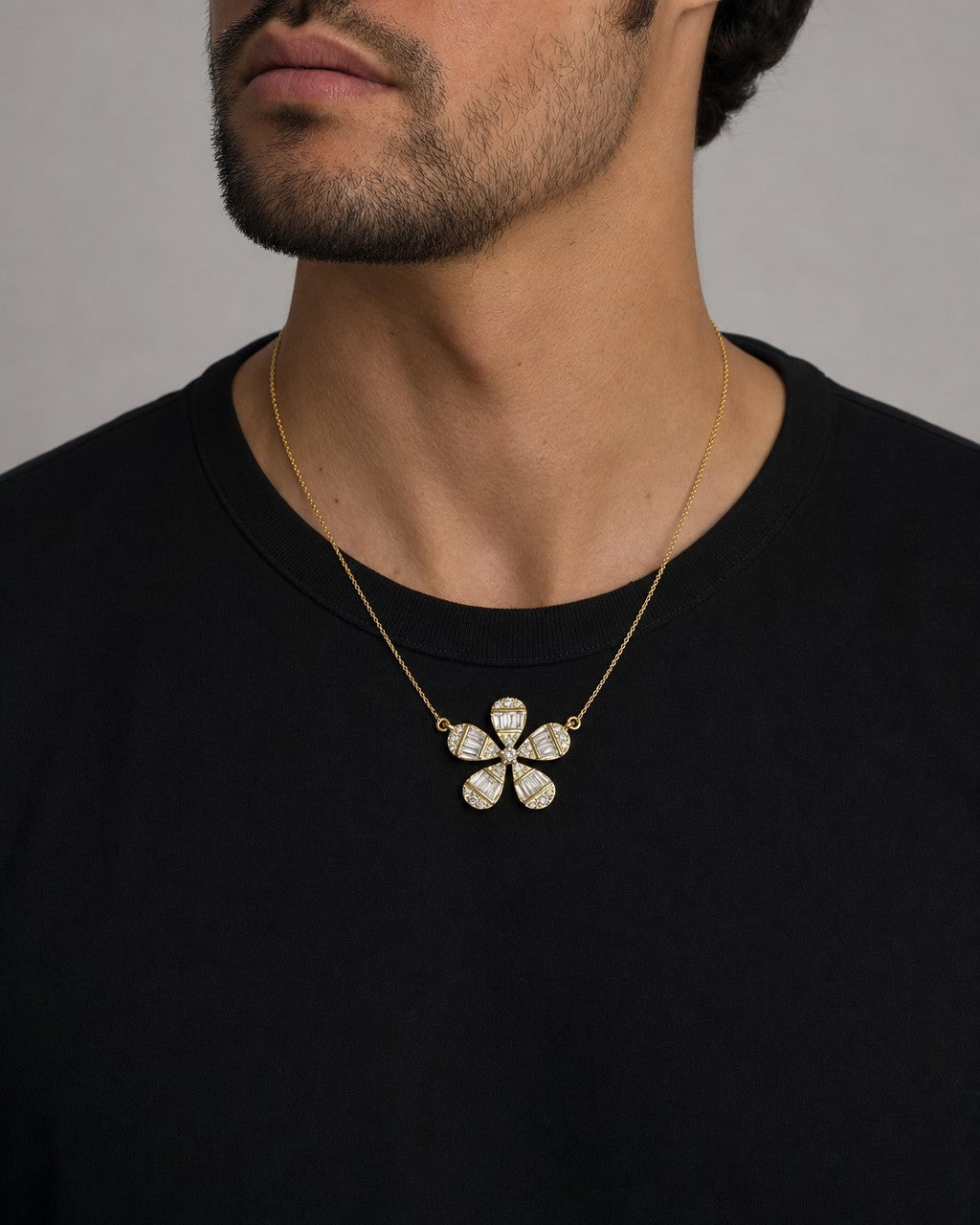 Male model wearing 14K Large Daisy Flower Diamond Baguette Necklace