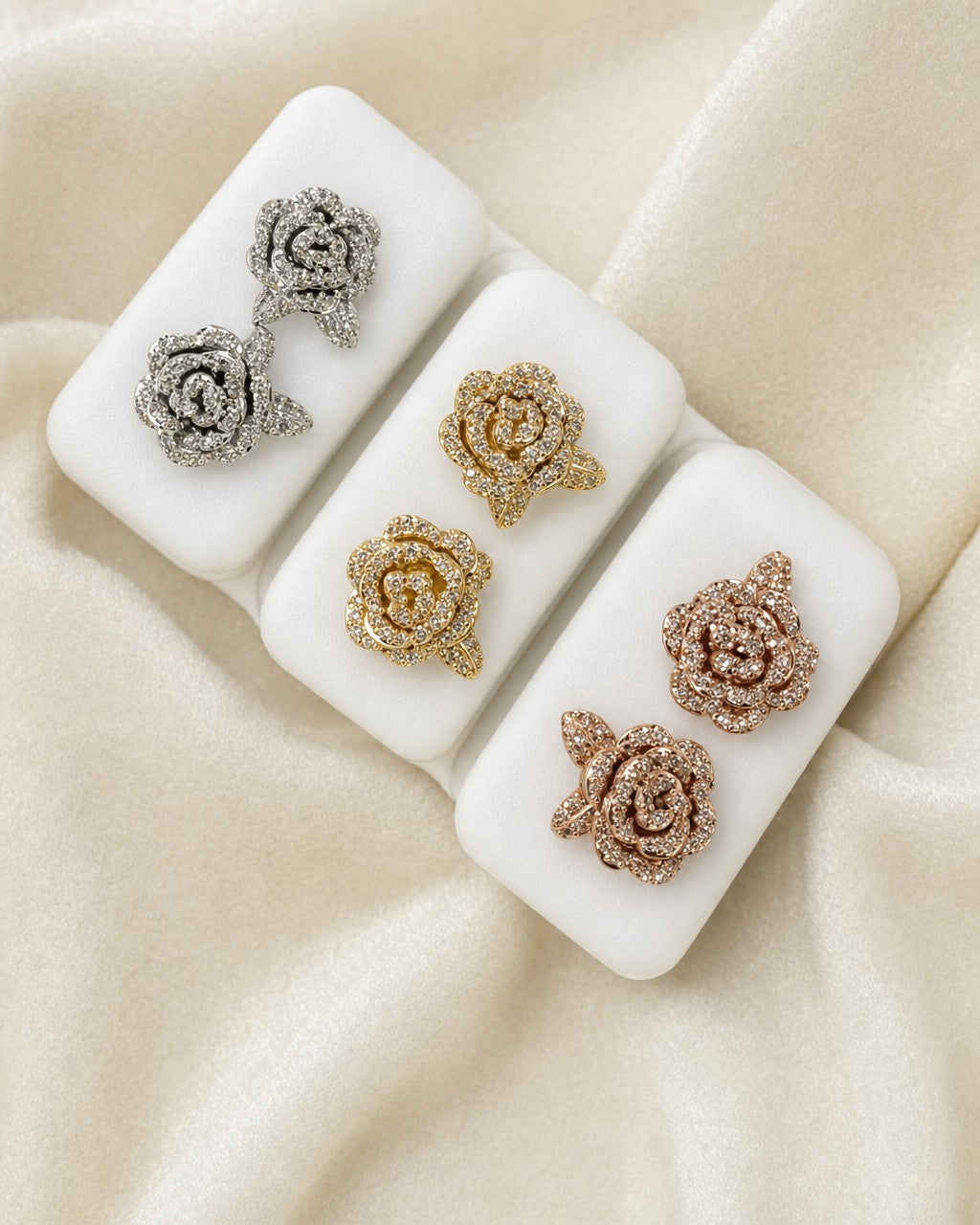 14K Large Rose Flower Diamond Earrings styled photo
