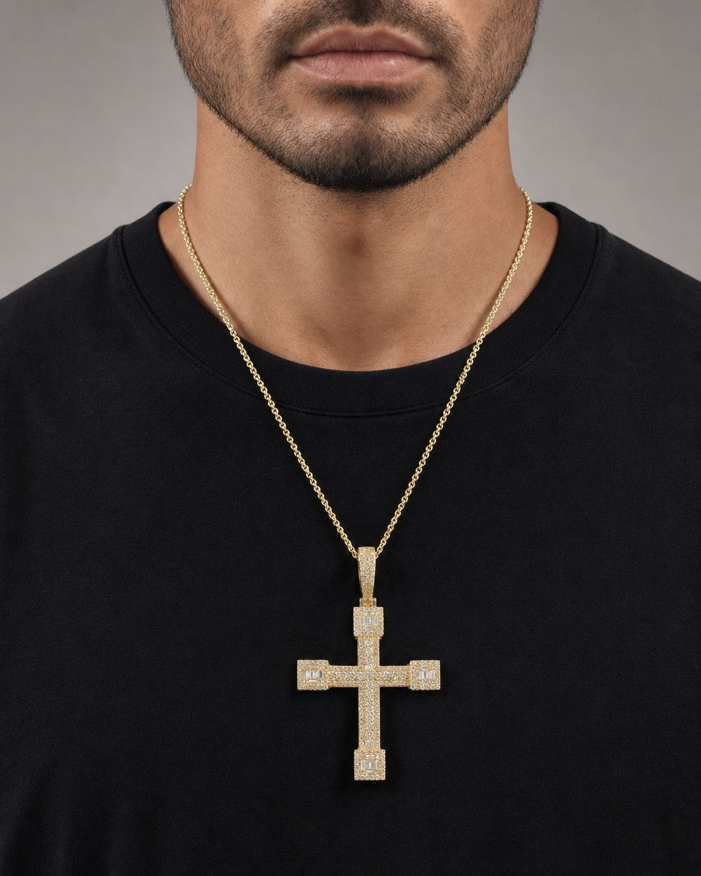 Male model wearing 14K Bold Cross Diamond Pendant