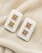 14K Square Crown Diamond Baguette Stud Earrings styled photo