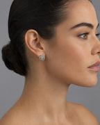 Female model wearing 14K Square Stacked Diamond Baguette Earrings