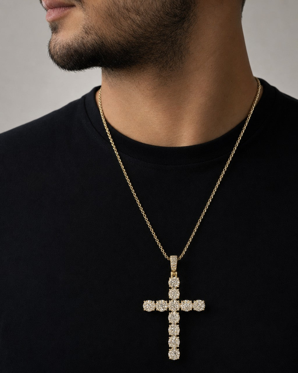 Male model wearing 14K Cross Circle Diamond Pendant
