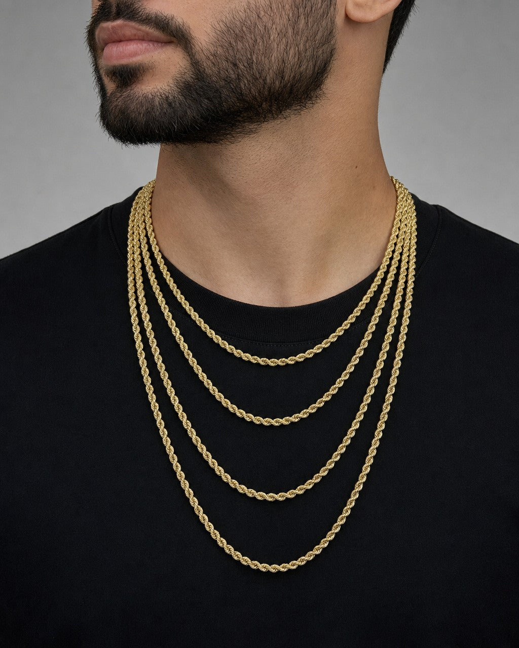 Male model wearing 10K 4MM Rope Chain 18-26"