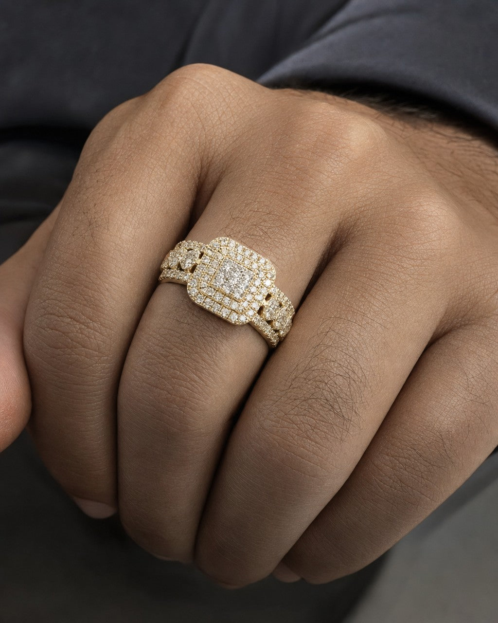 Male model wearing 10K Square Cake Diamond Ring