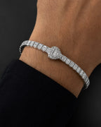 Male model wearing 10K Bangle Heart Diamond Baguette Bracelet