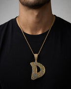 Male model wearing 14K Initial D Color Diamond Pendant