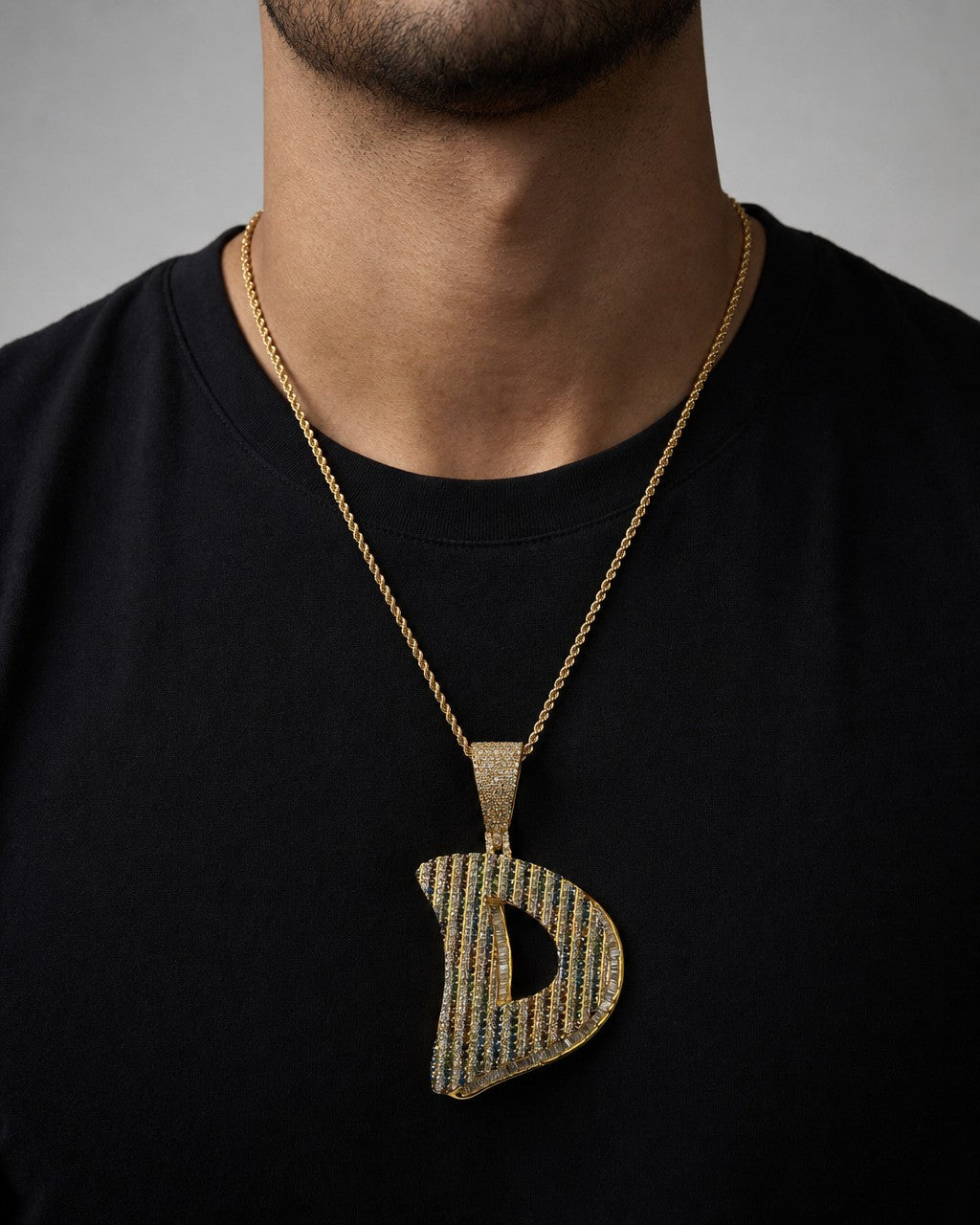 Male model wearing 14K Initial D Color Diamond Pendant