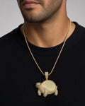 Male model wearing 14K Turtle Picture Photo Diamond Pendant
