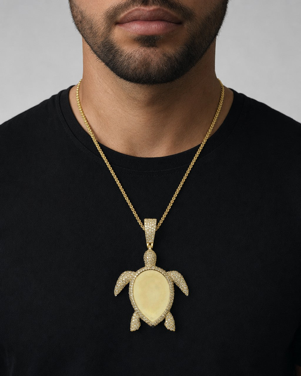 Male model wearing 14K Sea Turtle Picture Photo Diamond Pendant