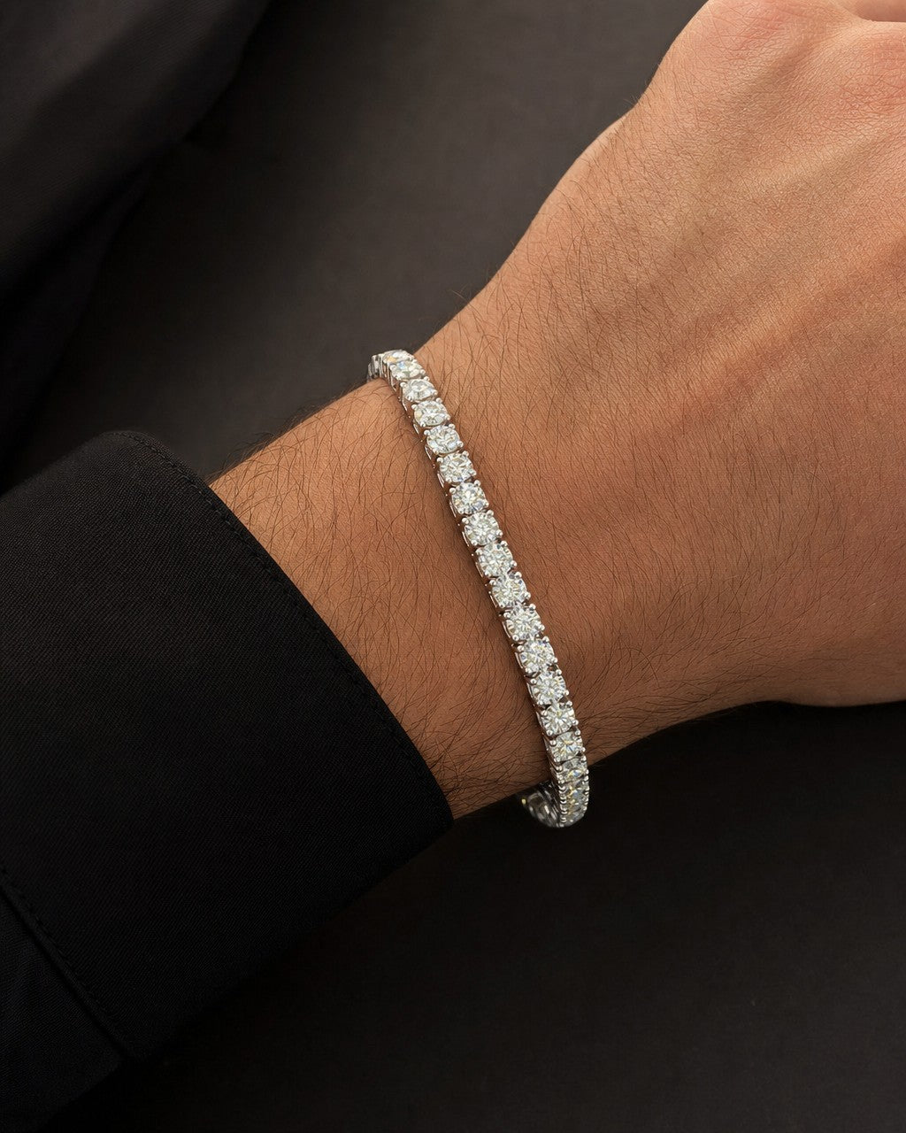 Male model wearing 10K 4.5MM Tennis Diamond Bracelet 7.5"