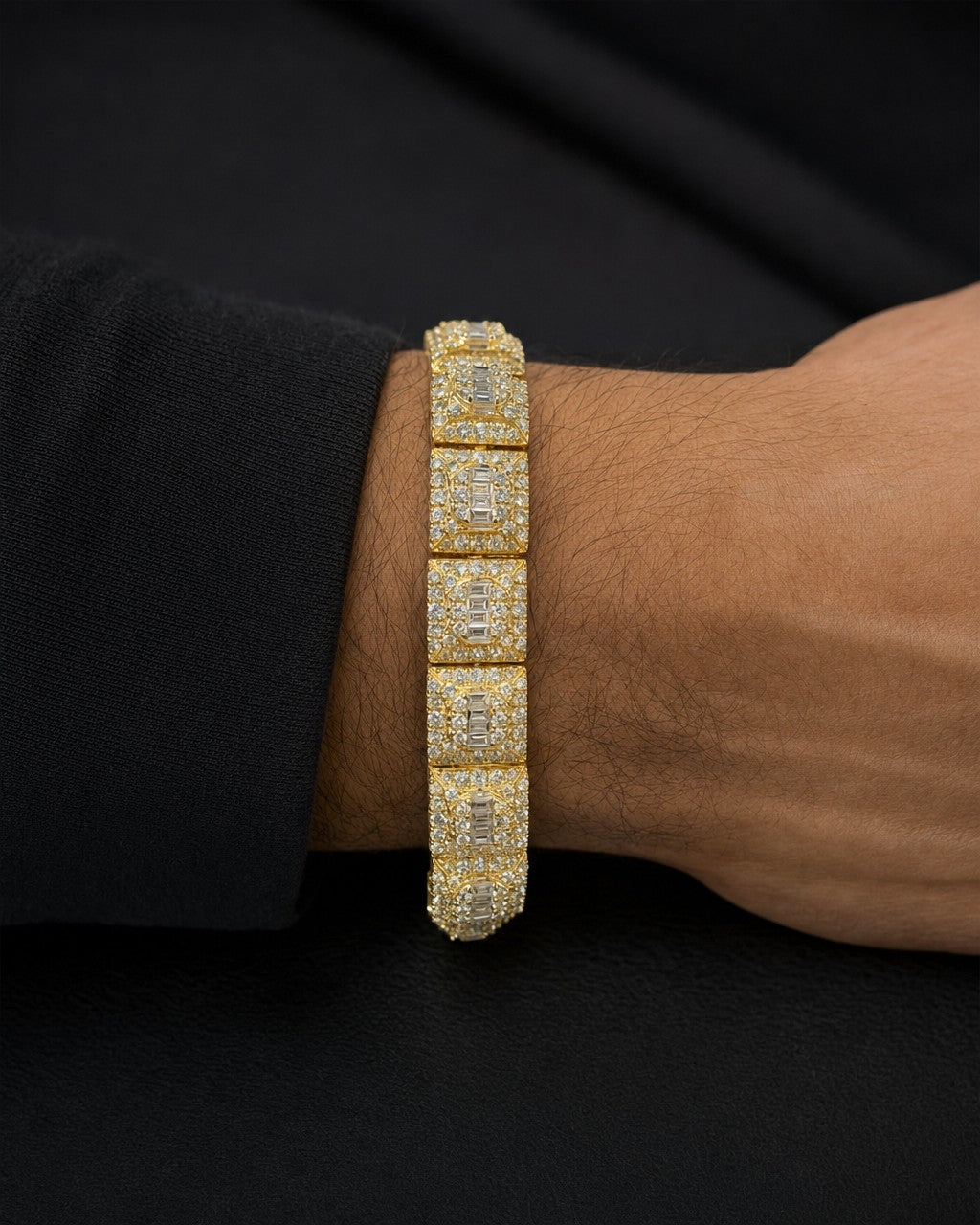 Male model wearing 10K 10MM Square Diamond Baguette Bracelet 8.5"