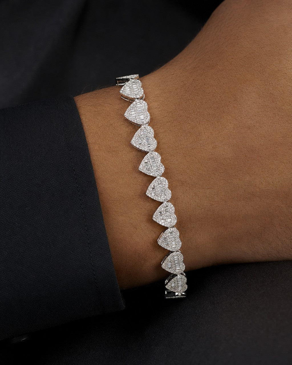 Male model wearing 10K 9MM Heart Diamond Baguette Bracelet 7.5"