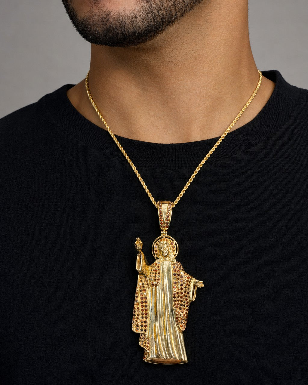 Male model wearing 14K Jesus Diamond Pendant