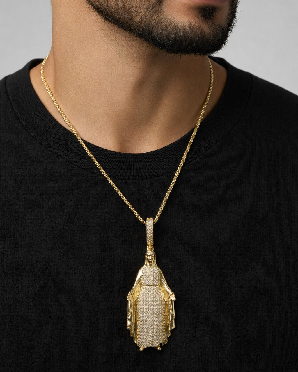Male model wearing 14K Virgin Mary Diamond Pendant