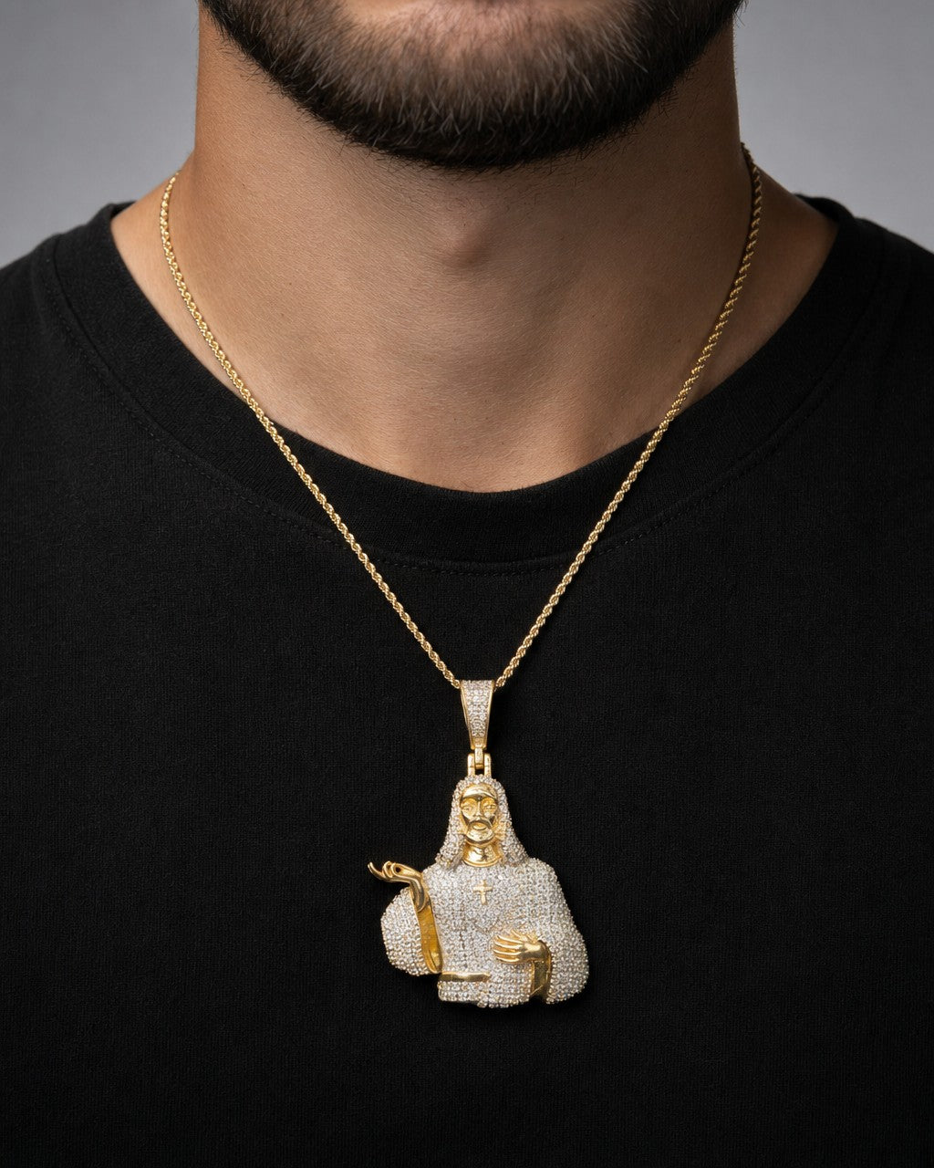 Male model wearing 14K Jesus Christ Diamond Pendant