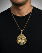 Male model wearing 14K Lucky Laughing Buddha Diamond Pendant