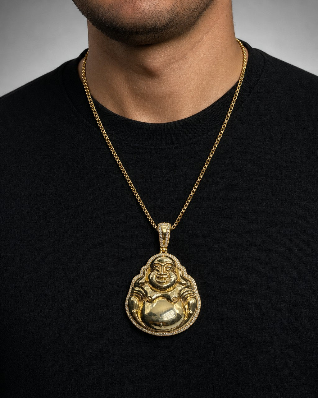 Male model wearing 14K Lucky Laughing Buddha Diamond Pendant