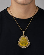 Male model wearing 14K Laughing Buddha Diamond Pendant