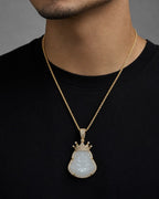 Male model wearing 14K Crowned Buddha Diamond Pendant