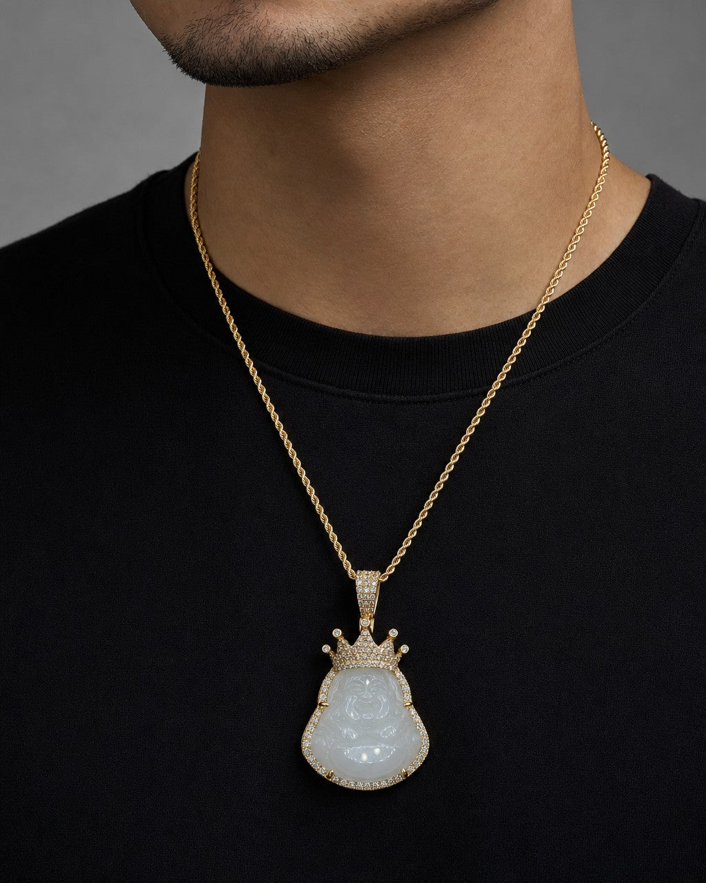 Male model wearing 14K Crowned Buddha Diamond Pendant