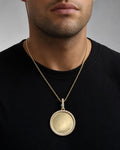 Male model wearing 14K Circle Diamond Picture Photo Pendant