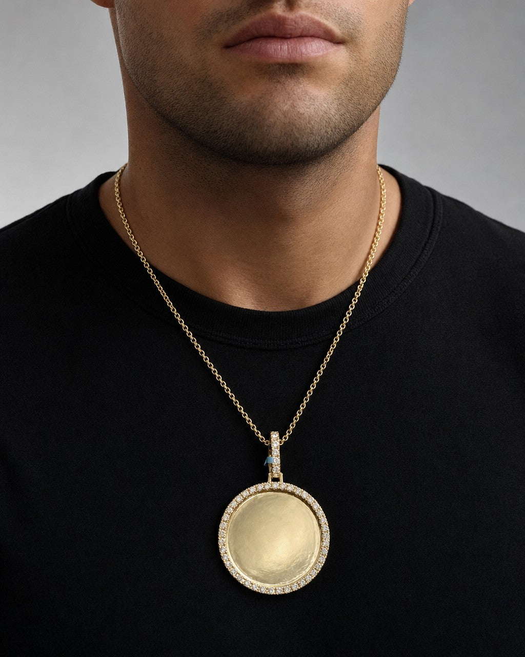 Male model wearing 14K Circle Diamond Picture Photo Pendant