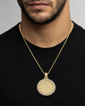 Male model wearing 14K Circle Diamond Picture Photo Pendant