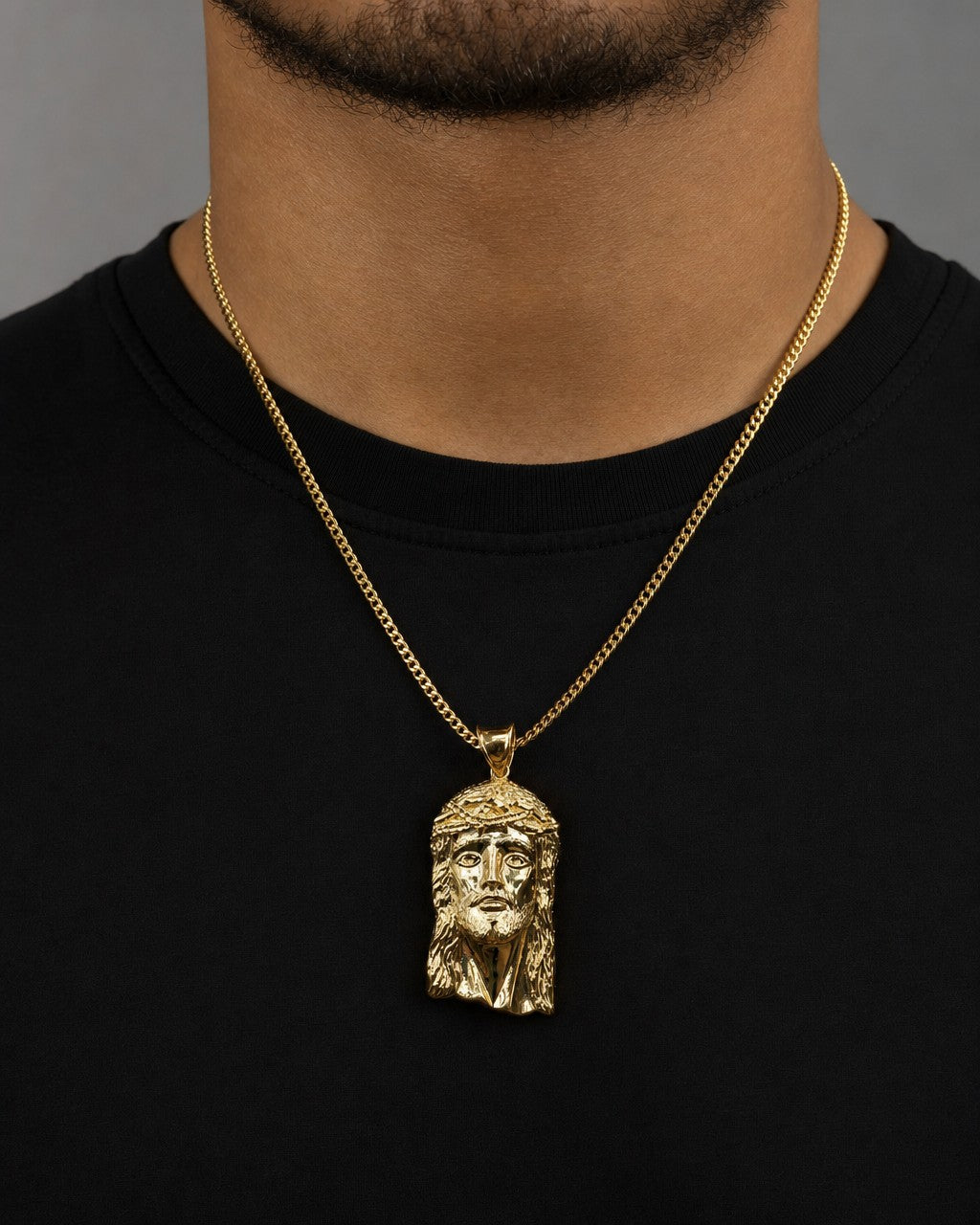 Male model wearing 14K Jesus Head Pendant 1.6"