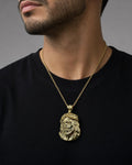 Male model wearing 14K Jesus Head Pendant 2.3"