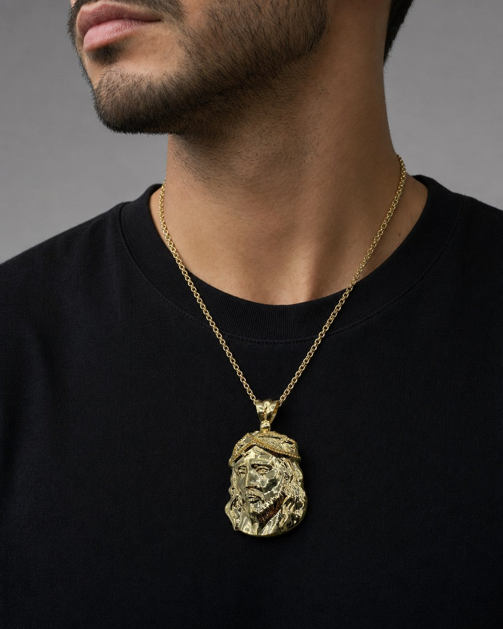 Male model wearing 14K Jesus Head Pendant 2.3"