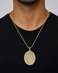 Male model wearing 14K Oval Diamond Picture Photo Pendant