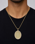 Male model wearing 14K Oval Diamond Picture Photo Pendant