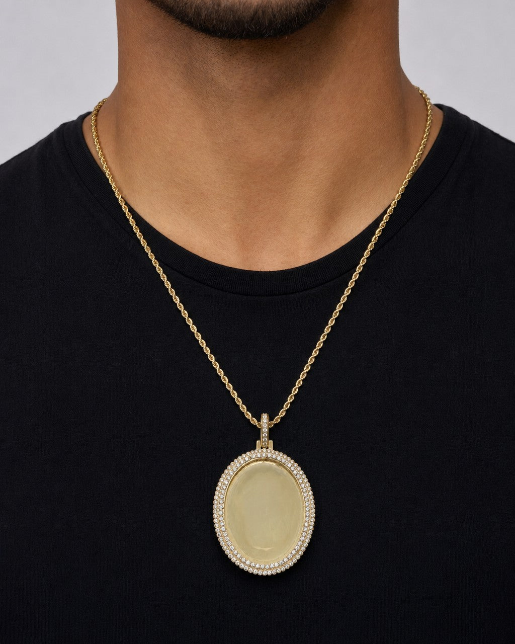 Male model wearing 14K Oval Diamond Picture Photo Pendant