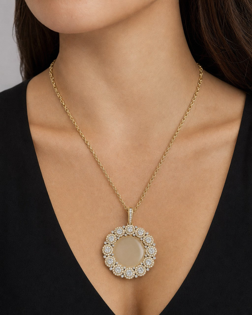 Female model wearing 14K Circle Flower Diamond Picture Photo Pendant