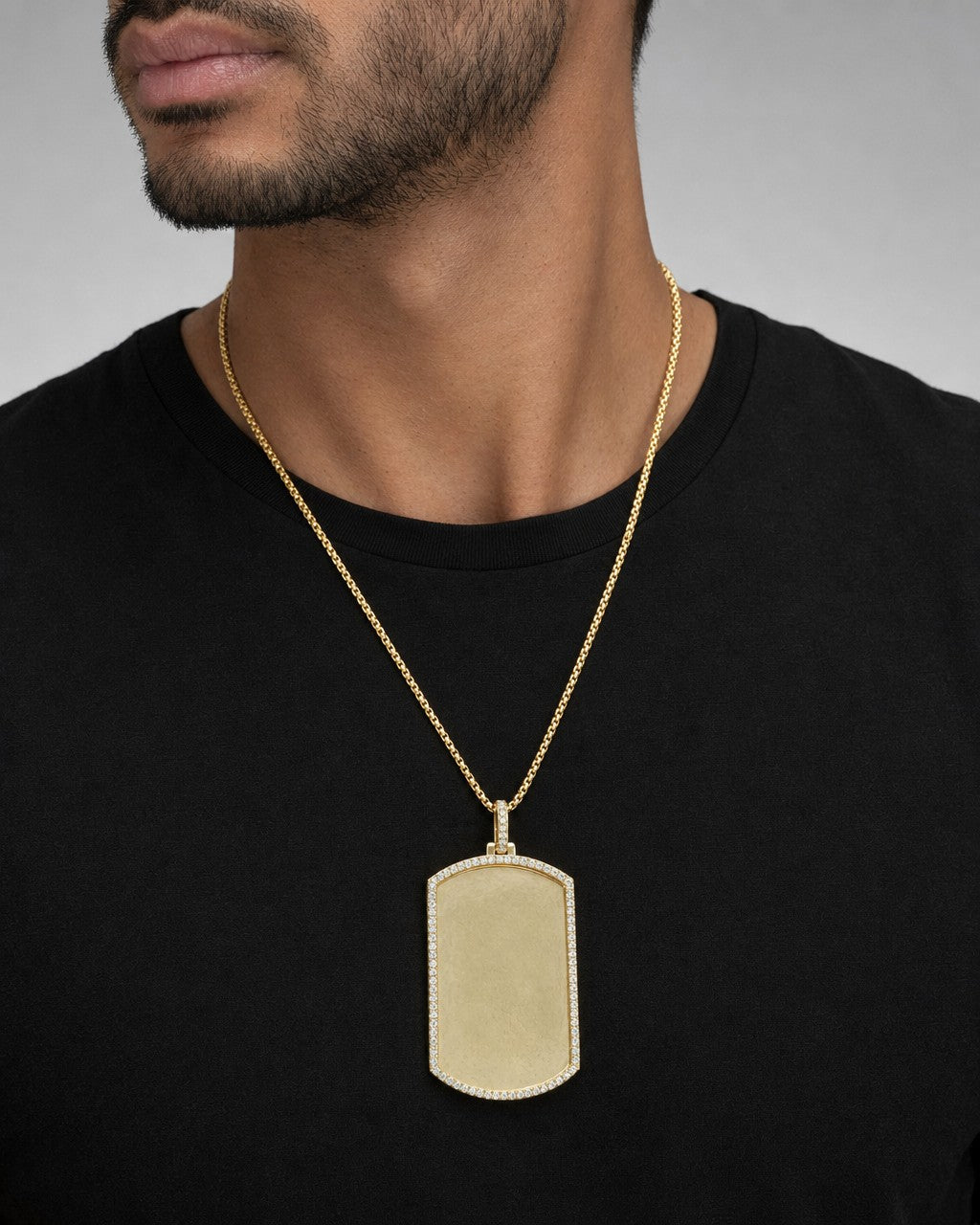 Male model wearing 14K Rectangle Diamond Picture Photo Pendant