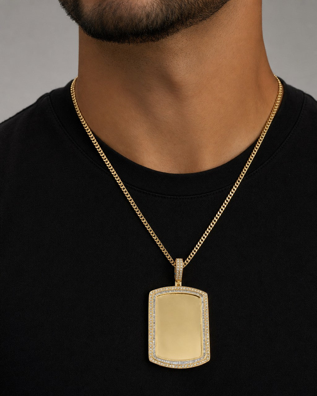 Male model wearing 14K Rectangle Diamond Baguette Picture Photo Pendant